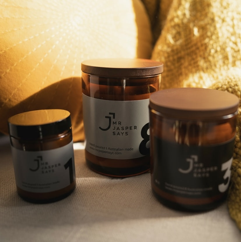 Masculine candles Australia by Mr Jasper Says - hand-poured luxury scented candles with wooden lids and natural styling