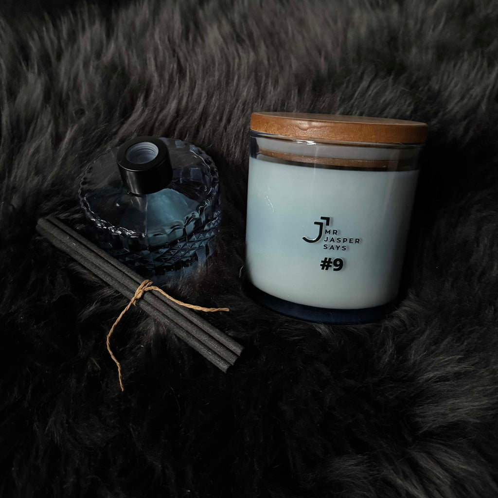 Bad Boy candle and reed diffuser Christmas gift set by Mr Jasper Says - luxury masculine fragrance in blue glass jars