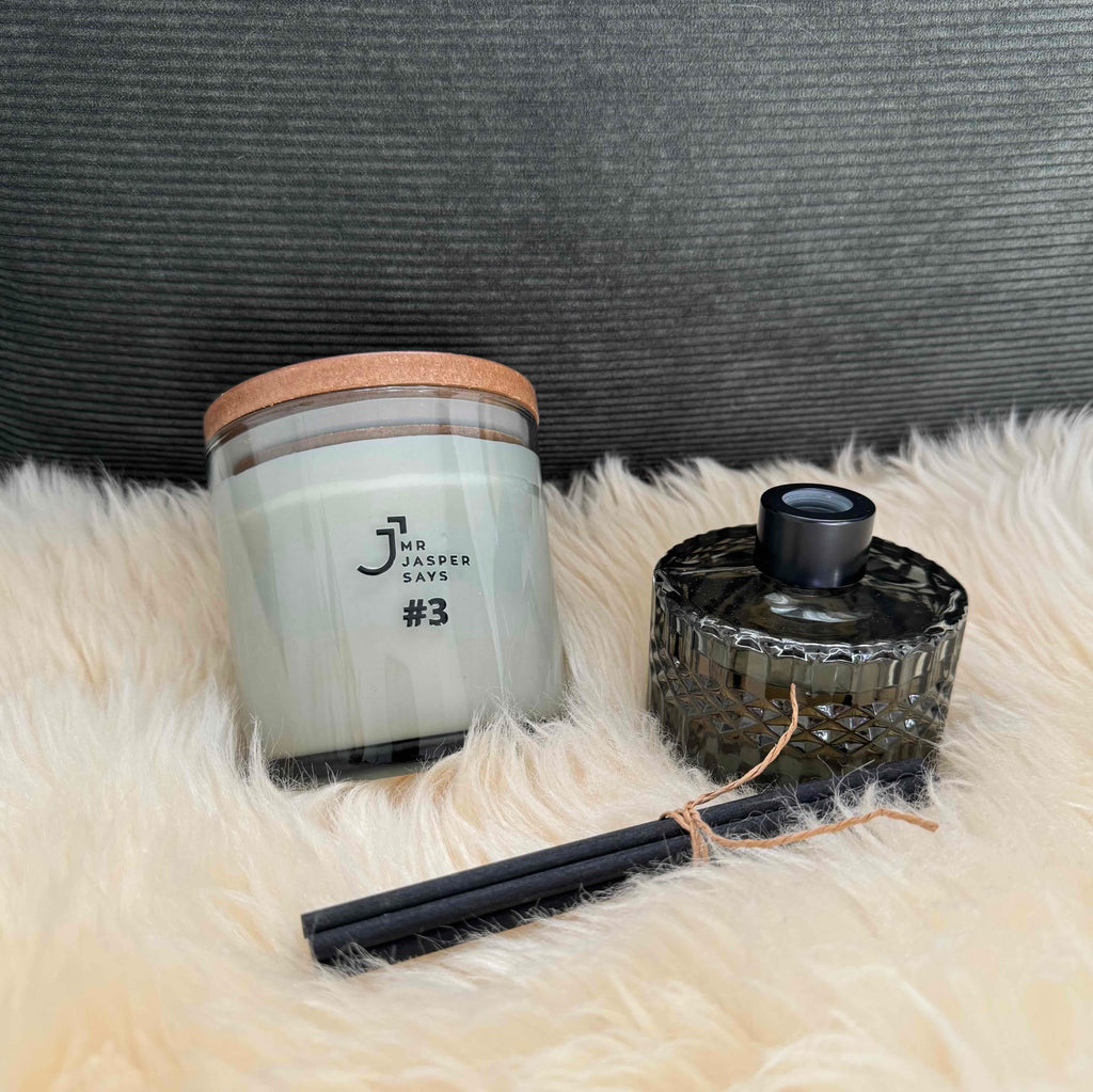 Nature Lover candle and reed diffuser Christmas set by Mr Jasper Says - luxury masculine fragrance in green glass jars